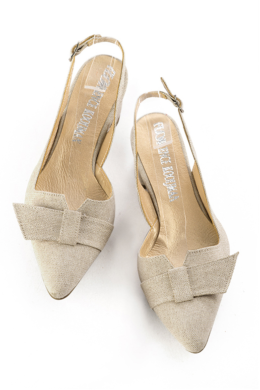 Gold women's slingback shoes. Tapered toe. Low flare heels. Top view - Florence KOOIJMAN